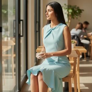 Sleeveless Aqua Blue Sheath Dress – Front Pleat & Flounce Hem, Size M